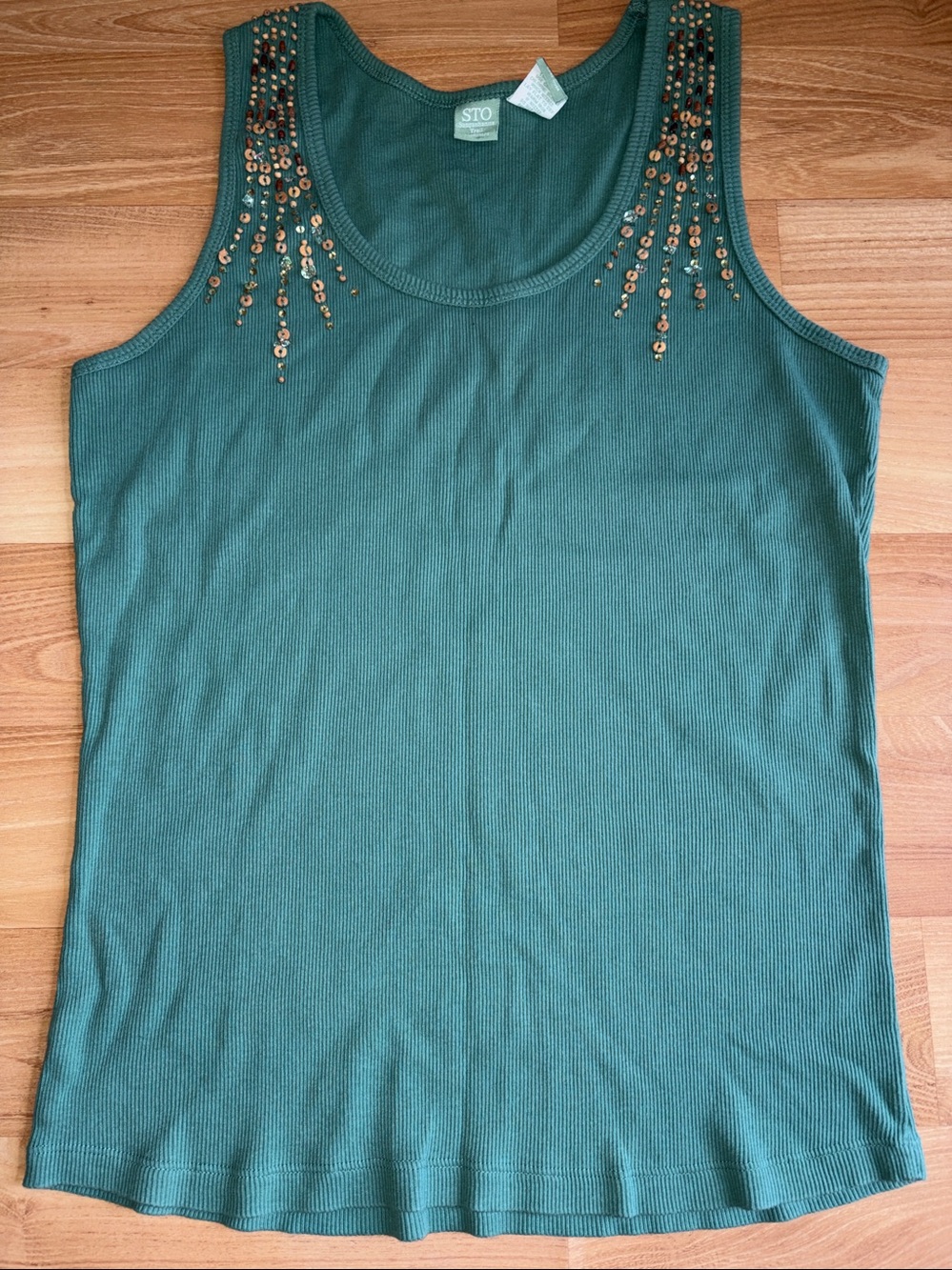 ☘️Women's Basic Layering Tank army Green w Embellishments beads sequins Size XL